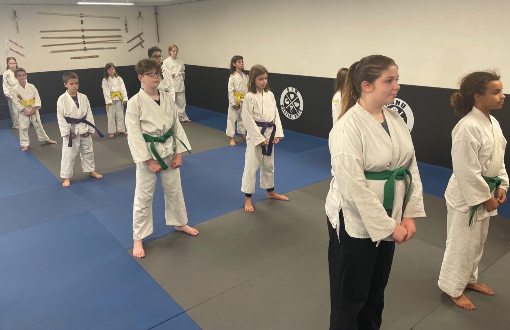 Youth students lined up before beginning martial arts class at On Track Wellness